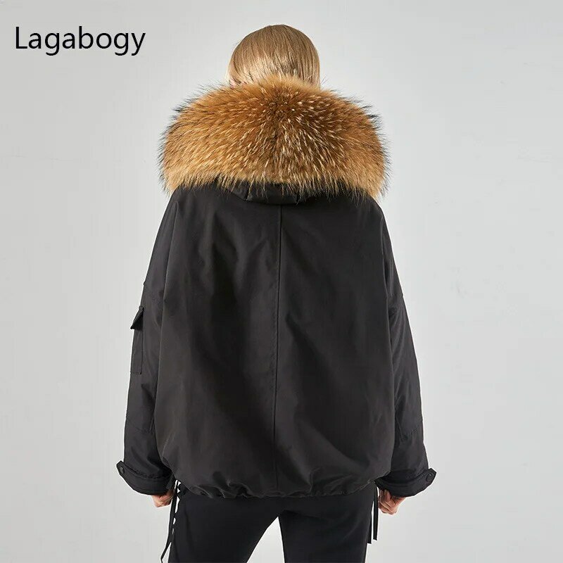Zima 2023 duże kobiety naturalne Raccoon Fur 90% biała kurtka puchowa grube luźne parki damski płaszcz podszewka odpinany