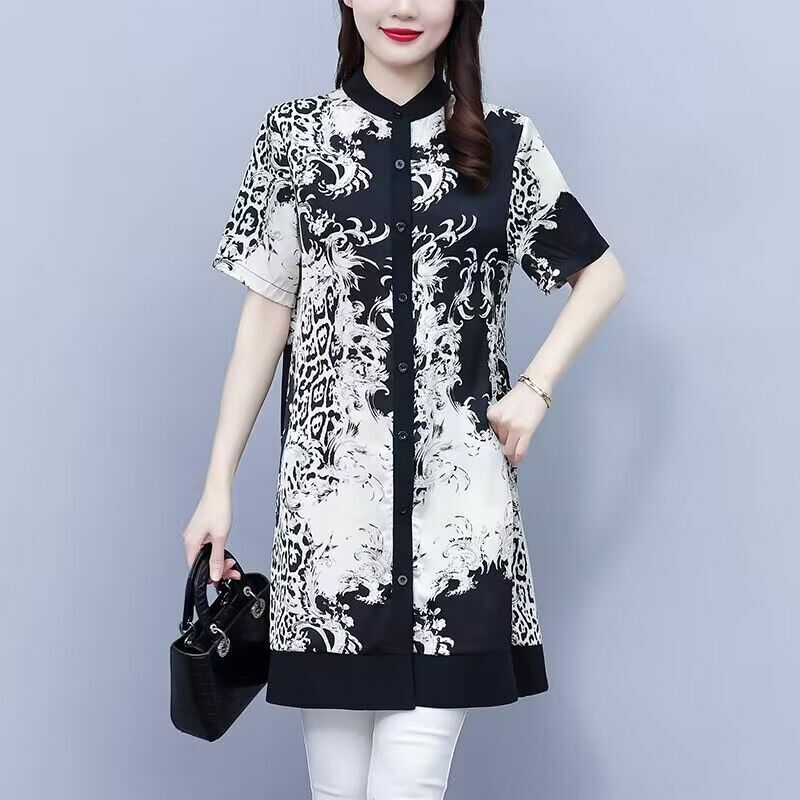 Женское атласное платье с коротким рукавом, элегантное свободное платье большого размера в китайском стиле с принтом и воротником-стойкой