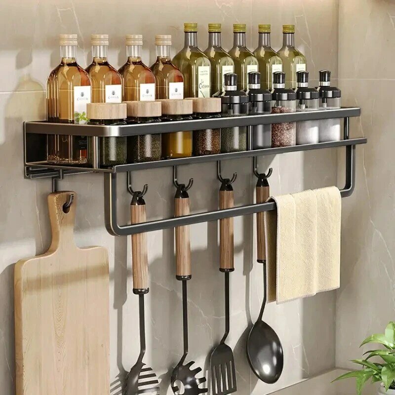 1 multi-functional kitchen rack, spice storage rack, wall mounted kitchen utensil shovel hook rack, suitable for storing kitchen