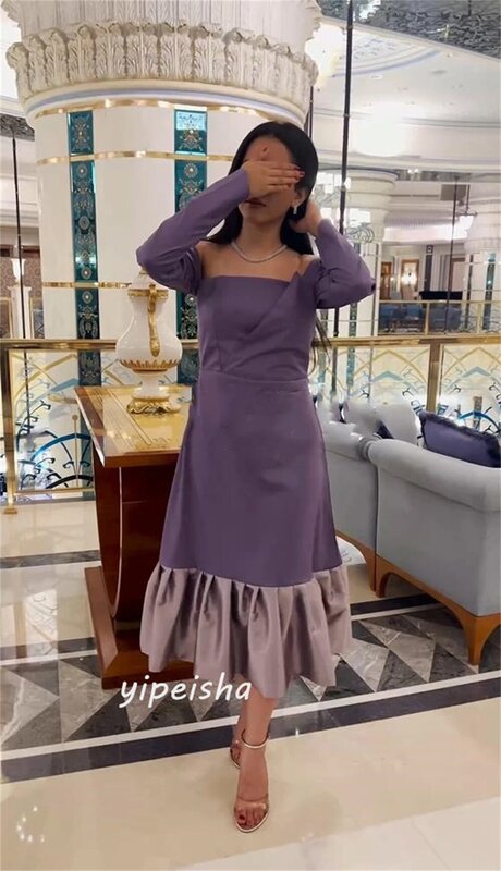 Gaun Prom Arab Saudi Satin terbungkus Pleat wisuda A-line Off-the-shoulder Bespoke gaun acara gaun Midi