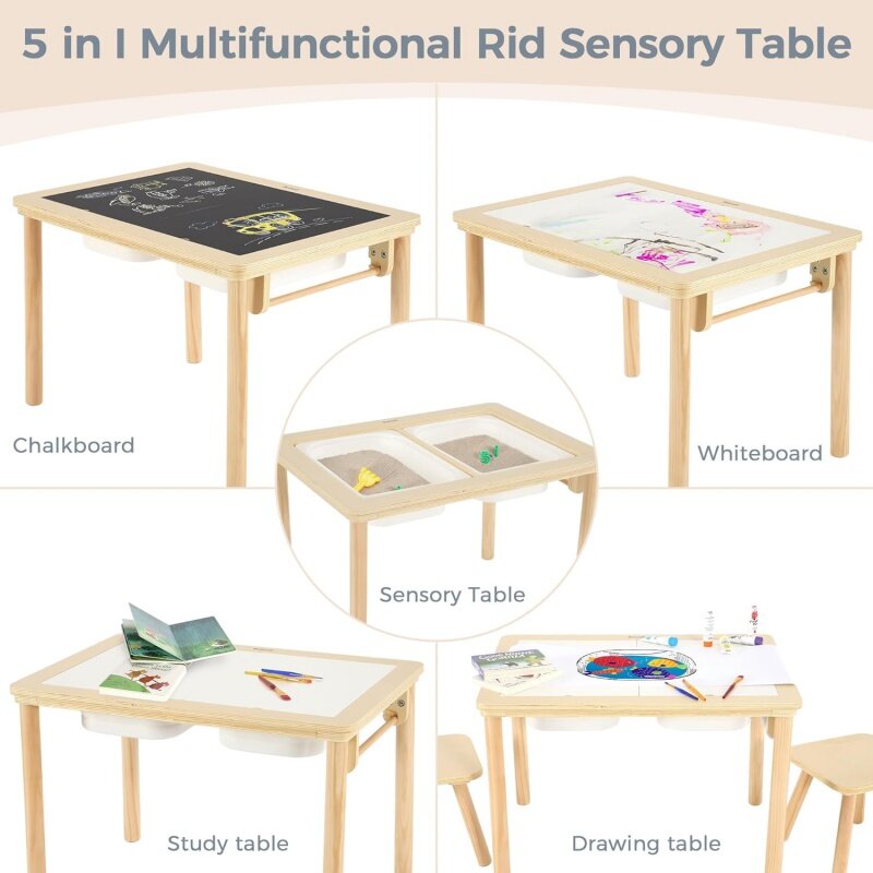 Sensory Table with 2 Chairs & 1 Roll Paper, Multifunction Wooden Sand and Water Table with Double-Side Board & 2 Foldabl
