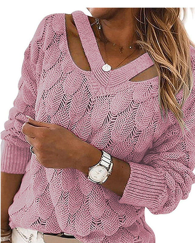 Nowa jesienna i zimowa dzianina damska bluzka z dekoltem w serek z odkrytymi ramionami sweter damski i damski dorywczo modne bluzki z długim rękawem