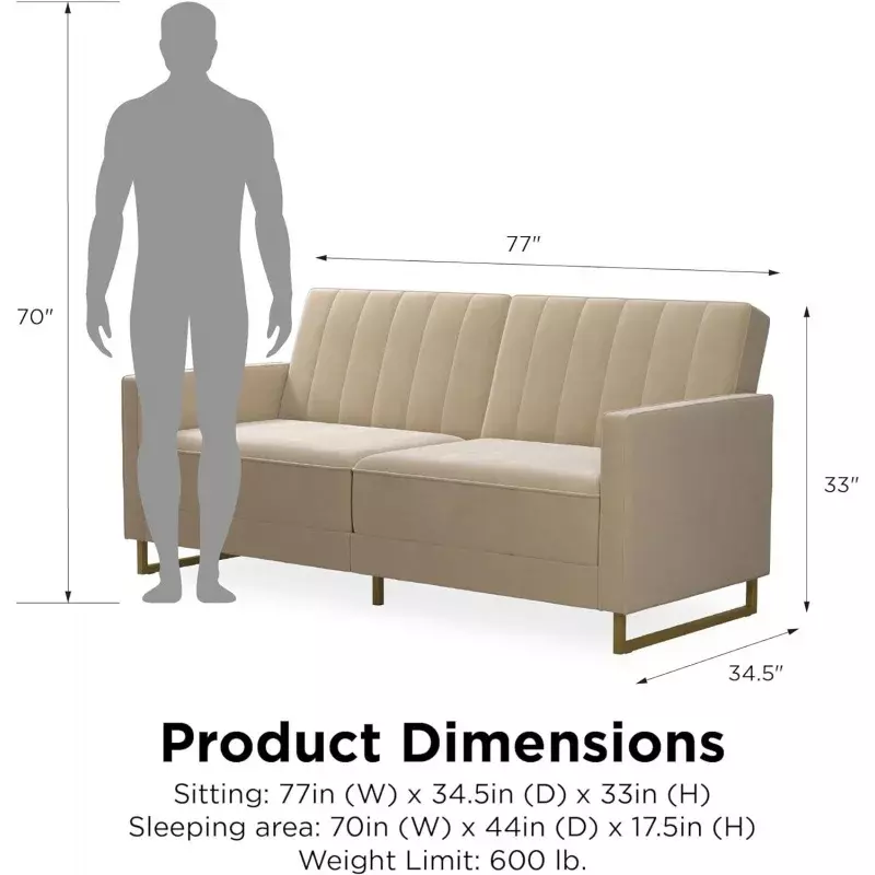 Novogratz Skylar Coil Futon, Modern Sofa Bed and Couch, Ivory Velvet