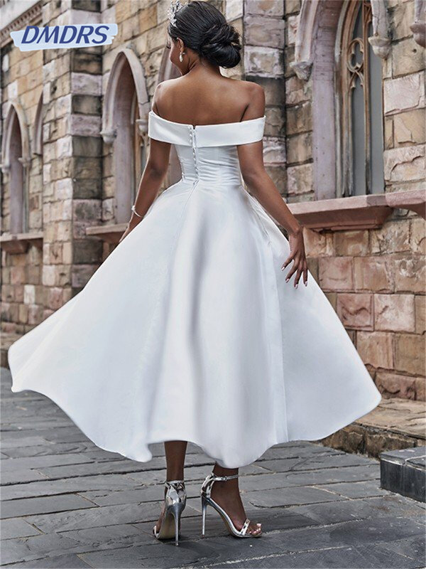 Simple Satin Mid-Calf Wedding Dress Off the Shoulder Short Sleeve A-Line Backless Bridal Civil Marriage Gowns Vestido De Novia