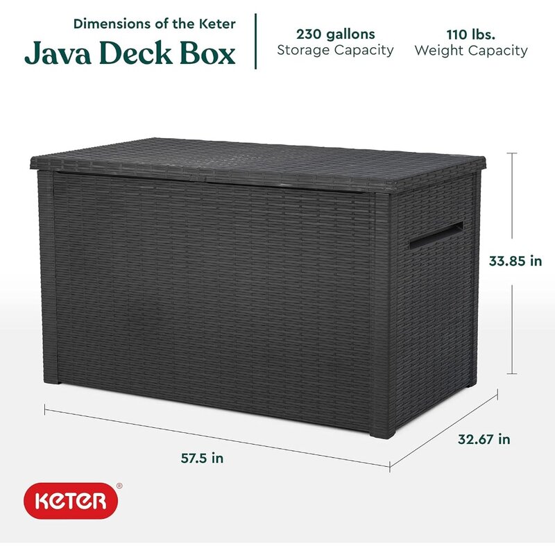 New-Keter Java XXL 230 Gallon Resin Rattan Look Large Outdoor Storage Deck Box for Patio Furniture Cushions, Grey