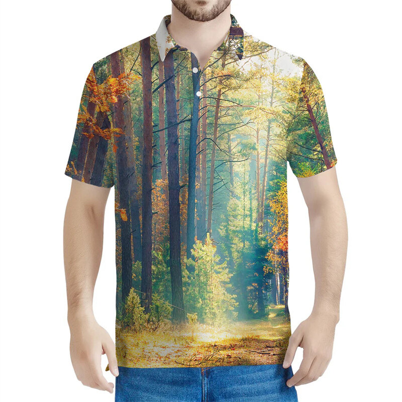 Homens de mangas curtas 3D impresso camisa polo, outono, floresta, paisagem, padrão, verão, rua, lapela t-shirt, botão, camisetas soltas