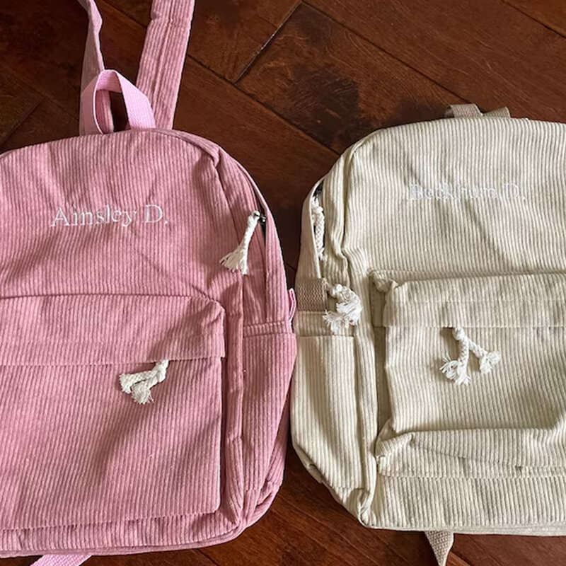 Mochila escolar de pana de gran capacidad, bolso de Campus de Color sólido con nombre personalizado, mochila de viaje Simple, regalos únicos