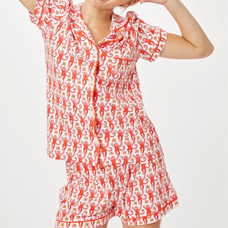 女性用レインボーモンキープリントパジャマセット,半袖ブラウス,トップスとショーツ,快適なナイトウェア,ヴィンテージ,y2k,2ピースの衣装