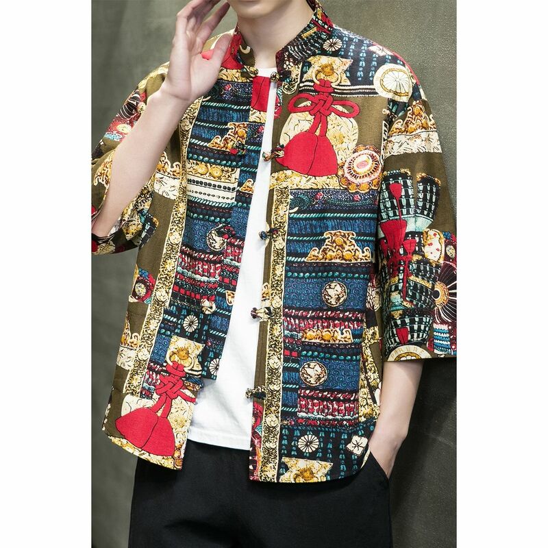 Chemise Tang à manches courtes pour hommes, style chinois, bouton disque, ample, grande taille, coton et lin, chemise imprimée avec court, été