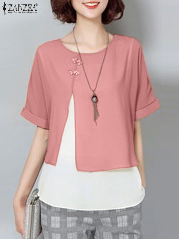 2024 винтажная рубашка ZANZEA, женская летняя блузка в стиле пэчворк, повседневные блузки с коротким рукавом и круглым вырезом, элегантные рабочие топы, женская Свободная рубашка