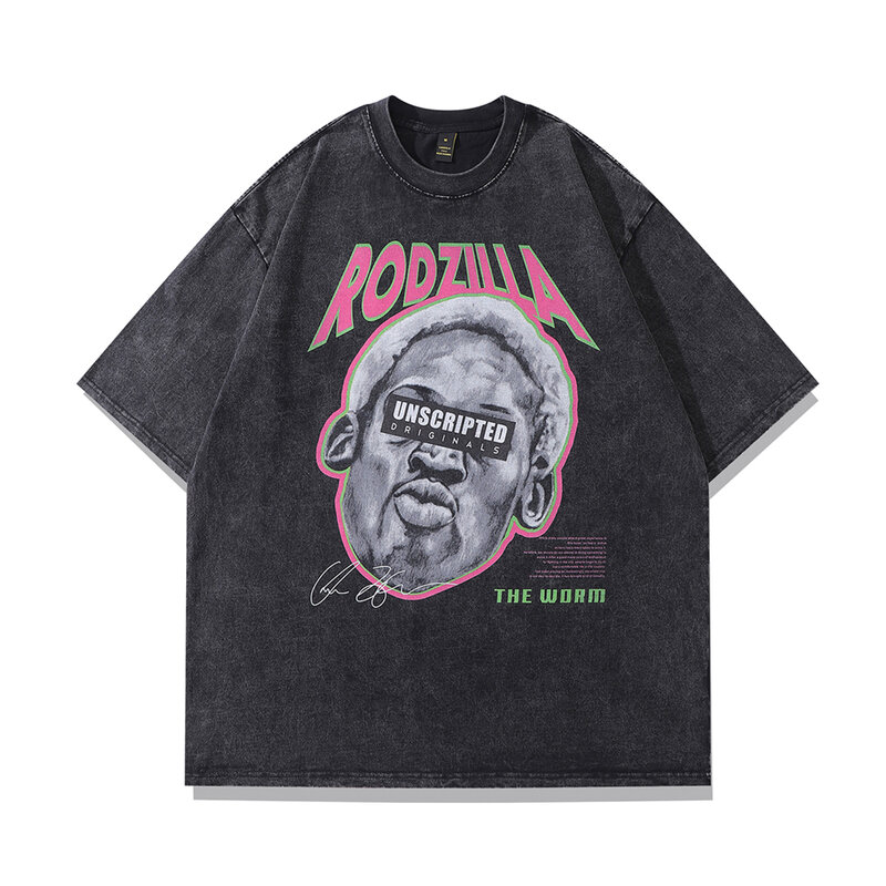 Żaba drift Fashion Vintage luźna grafika do koszykówki Retro pranie lato robak Dennis Rodman koszulka Oversized koszulki męskie