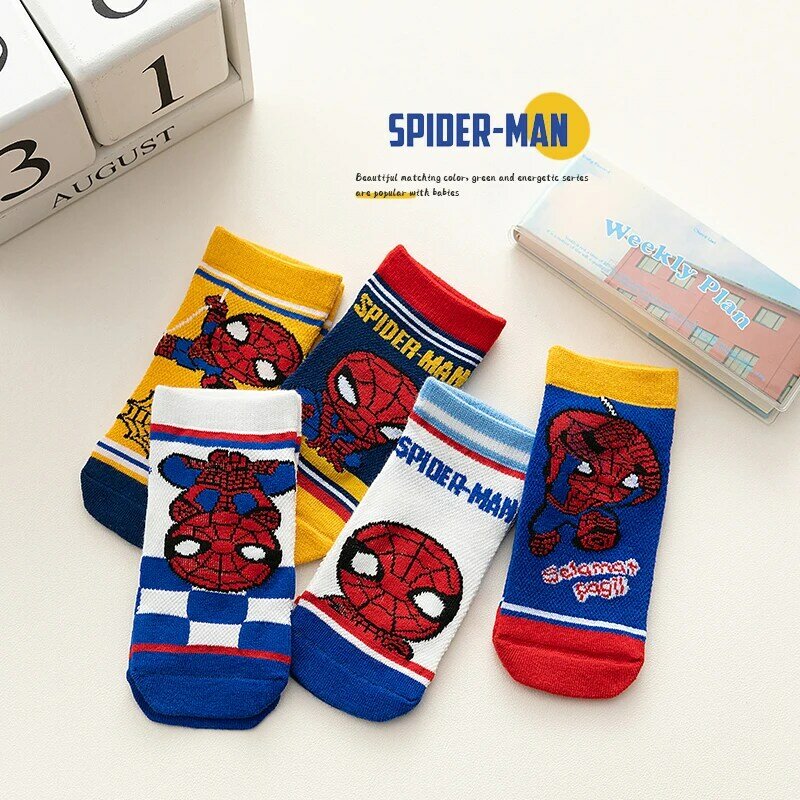 5 Pasang Kaus Kaki Anak-anak Spiderman Anime Anak Laki-laki Kaus Kaki Pendek Iron Man Captain America Kartun Bayi Musim Panas Kaus Kaki Jala Musim Semi 1-12Y