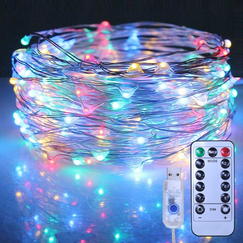 USB LED Copper Wire String Luz, guirlanda, controle remoto, impermeável Fairy Lights, festa de casamento, decoração de Natal, 8 modos