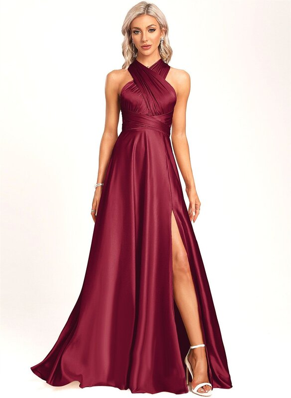 2024 Womens's Simple Satin Sleeveless Adjustable Prom Dress High Slit Backless A-Line Floor-Length Pleated Formal Evening Gowns