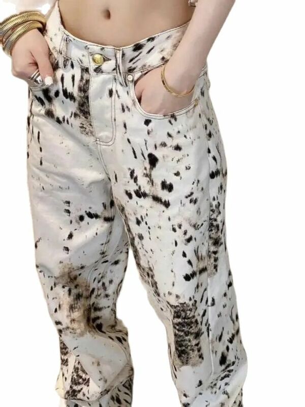 American High Street Baggy Wide Leg Jeans Women Leopard Print High Waist Straight Pants 2024 Spring Summer Retro Denim Trouser