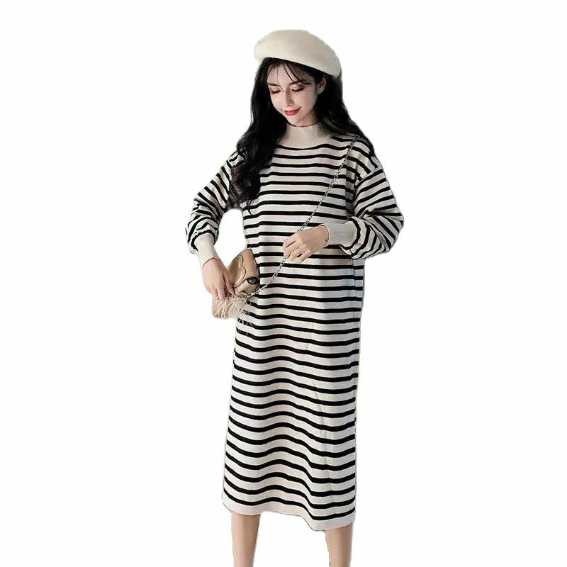 Autumn and Winter Half TurtleNeck Pregnant Women's Knitted Dress Korean Style Long Sleeve Loose Split Stripe Pullovers Sweater