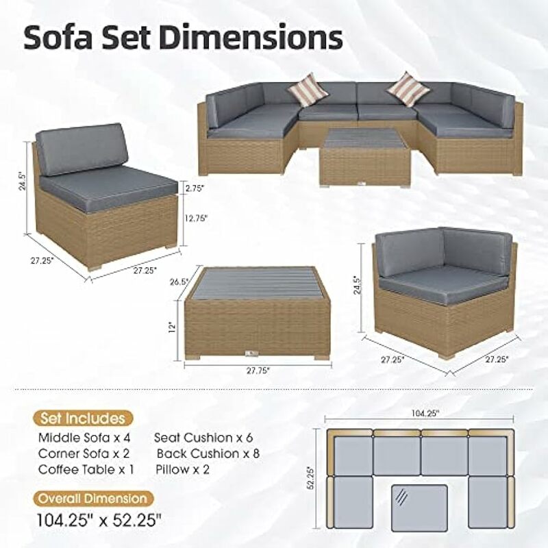 7 Piece Outdoor Patio Furniture Sets with Cushions,  with Coffee Table, for Garden, Deck, Poolside, Cream White