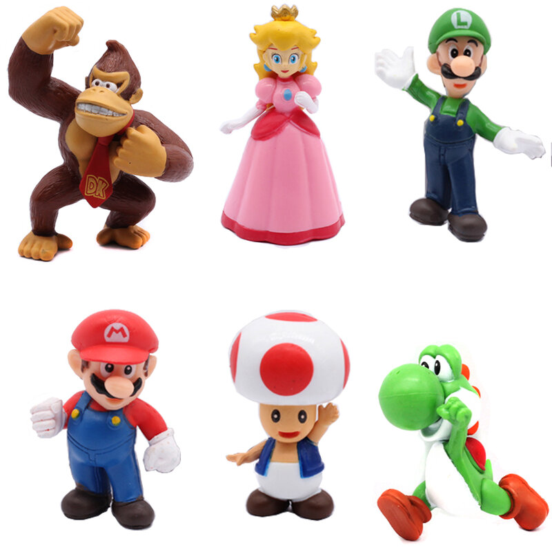 6 Stks/set Super Mario Bros Pvc Actiefiguur Speelgoed Poppen Model Set Luigi Yoshi Ezel Kong Paddenstoel Voor Kinderen Verjaardagscadeaus