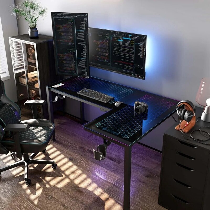 RGB LED Lights 60 Inch L Shaped Reversible Black Glass Gaming Desk Home Office Computer Table GTG L60