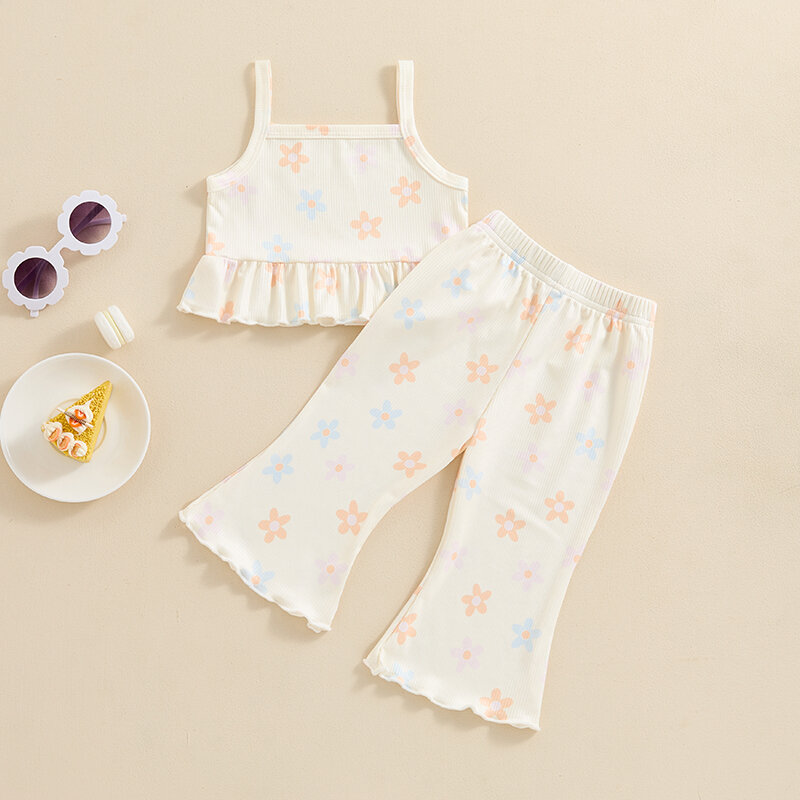 2024-04-03 Lioraitiin 6M-4Y Set di vestiti per neonate per bambini canotta senza maniche con stampa floreale con pantaloni a zampa vestito estivo