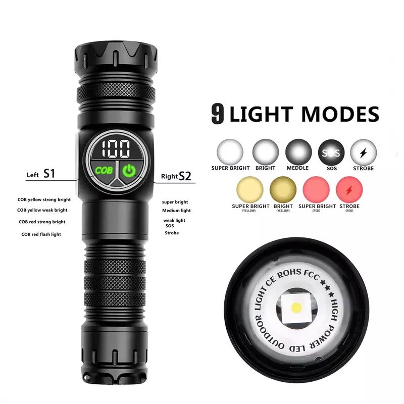 USB Rechargeable LED Flashlight Alloy Torch with Screen Digital Display Tail Magnet COB Side Light Long Distance Flashlight