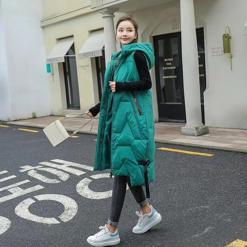 여성용 후드 두꺼운 민소매 코트, 긴 따뜻한 면 조끼, 상의 아우터, 겨울 재킷, 2024 신상