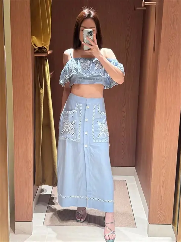 Women Embroidery Hollow Out Blue Set Ruffles Spliced Off-shoulder Sling Top or Single Breasted A-Line Midi Skirt Holiday Suit