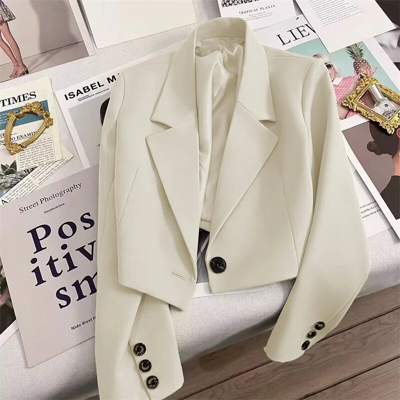 Korean Cropped Blazers Women Autumn Solid Color Simple Single-button Outwear Teens All-match Long Sleeve Office Lady Suit Jacket