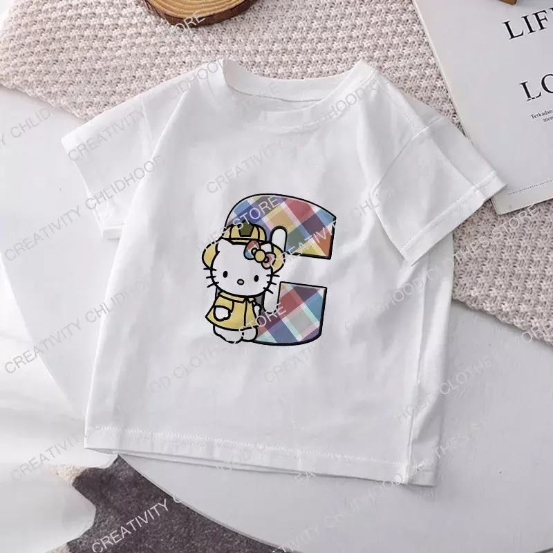 Camiseta de HelloKittys para niños, letra A, B, C, D... Camisetas de dibujos animados de Anime para niños, ropa informal Kawaii para niños, Tops para niñas, ropa