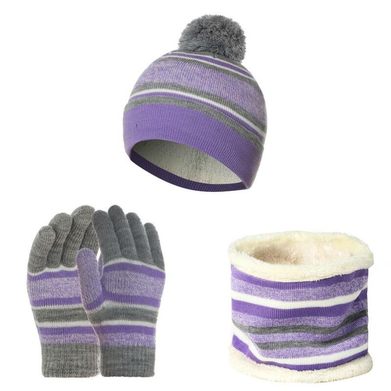 Luvas de tricô chapéu cachecol para crianças, Boné respirável macio, Luvas listras quentes, 1 conjunto