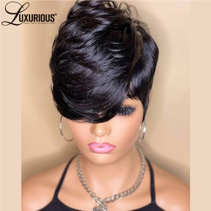 Straight Short  Full Machine Made Wigs For Black Women Pre Plucked Pixie Cut Wig With Bangs Brazilian Virgin Remy Human Hair Wig