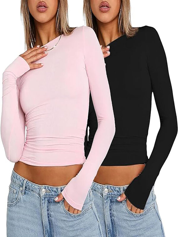 Розовая футболка с длинным рукавом для женщин 2024 лето Симпатичный белый укороченный топ Женский причинно-следственный сексуальный Slim O Neck Basic Tshirt Y2k Верхняя одежда футболка женская футболка y2kтоп с длинным