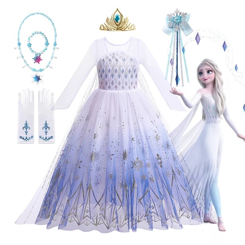 Disney Elsa Anna Princess สำหรับสาวสีขาว Sequined ตาข่ายบอล Carnival เสื้อผ้าเด็ก Cosplay Snow Queen แช่แข็งเครื่องแต่งกาย