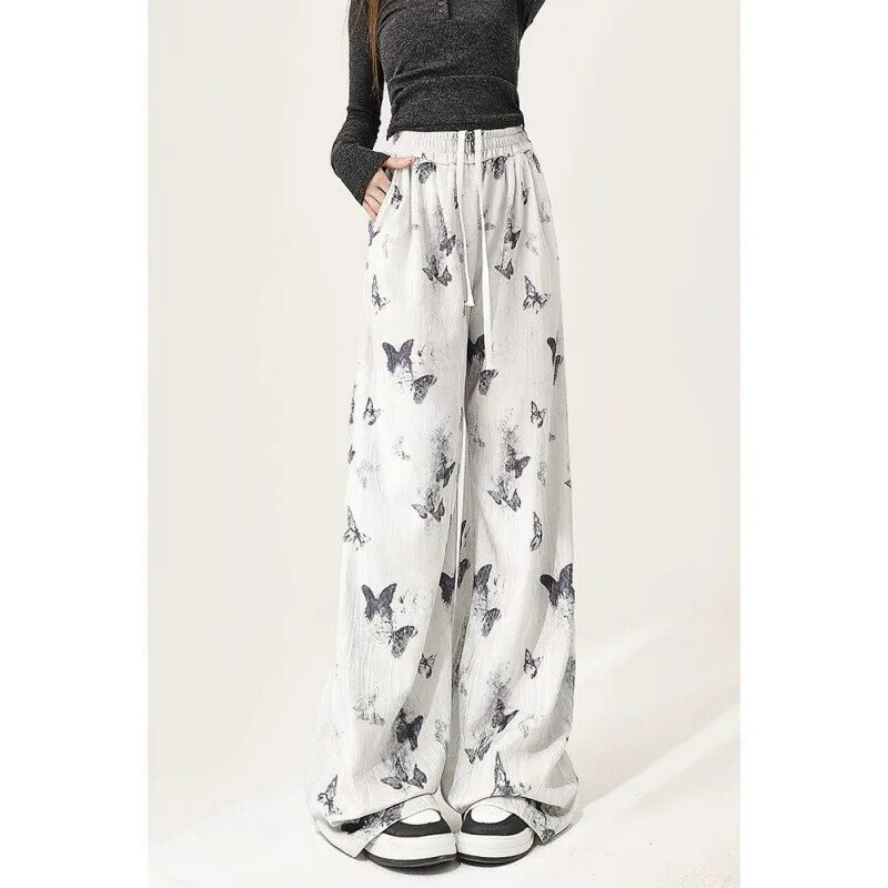 2024 Ink Butterfly Chinese Style Chiffon Casual Pants for Women's New Chinese Summer Loose Wide Leg Long Pants