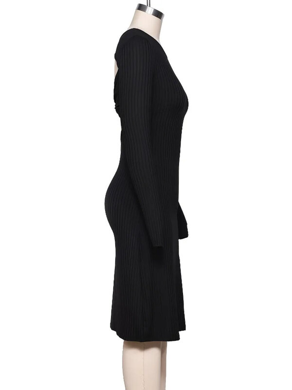 Elegante vestido midi sem costas com nervuras feminino, manga comprida preta sexy, gola O, vestidos bodycon finos, vazados, primavera, outono, 2023