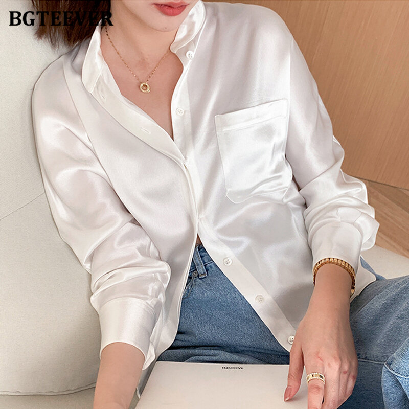 Элегантная Свободная Женская рубашка BGTEEVER с воротником-стойкой, офисная одежда, женские блузки с длинным рукавом и карманами, топы