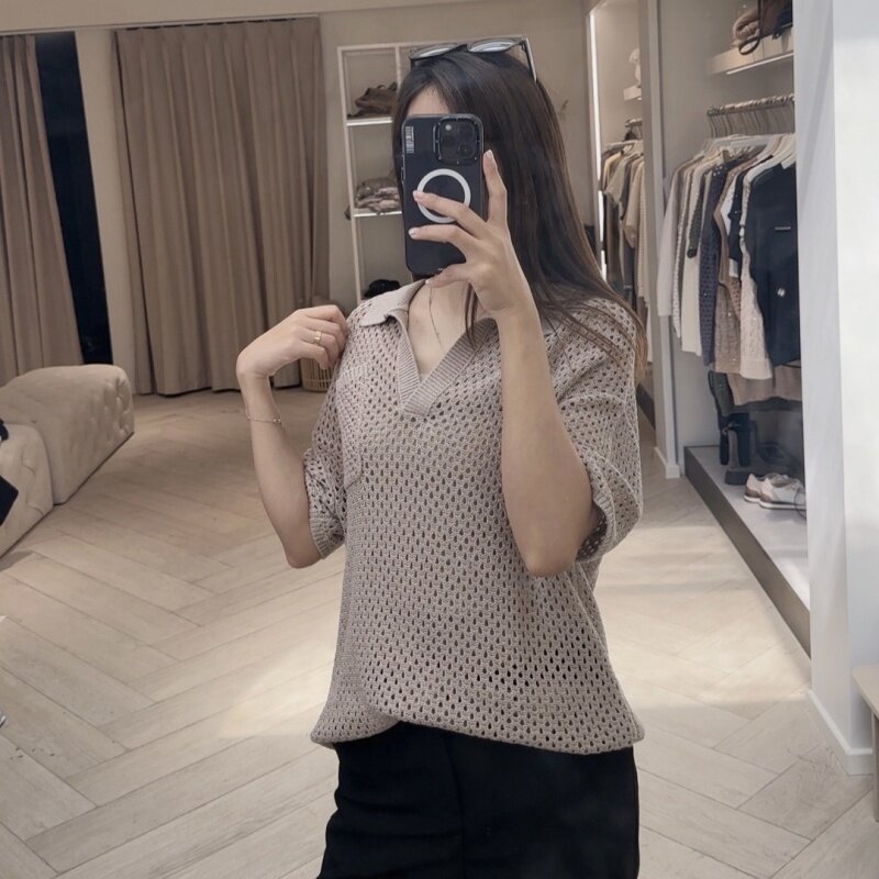 Early Spring New Linen Pocket Hollow Knitted Short SleeveVCollar Casual Lazy All-Match Top for Women