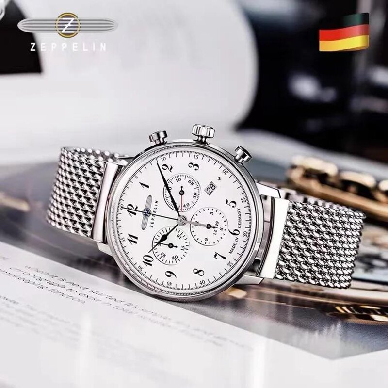 Zeppelinメンズクォーツ時計、ステンレス鋼ストラップ、防水、ビジネス、カジュアル、高級、ドイツ、クロノグラフ