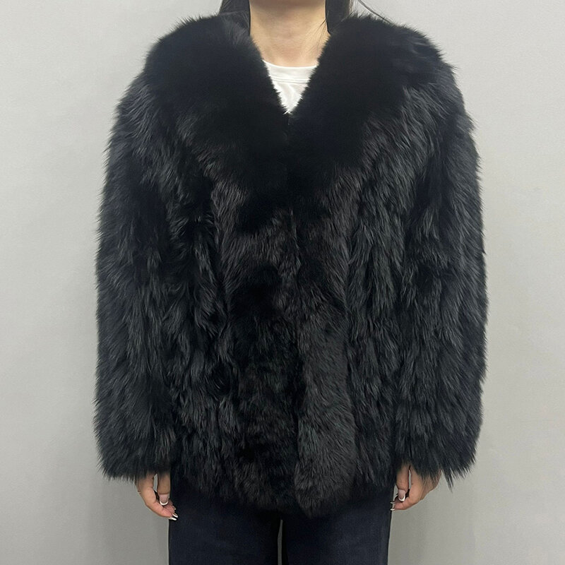 여성용 럭셔리 천연 모피 코트, 빅 칼라, 리얼 여우 모피 직조 재킷, 따뜻한 겨울
