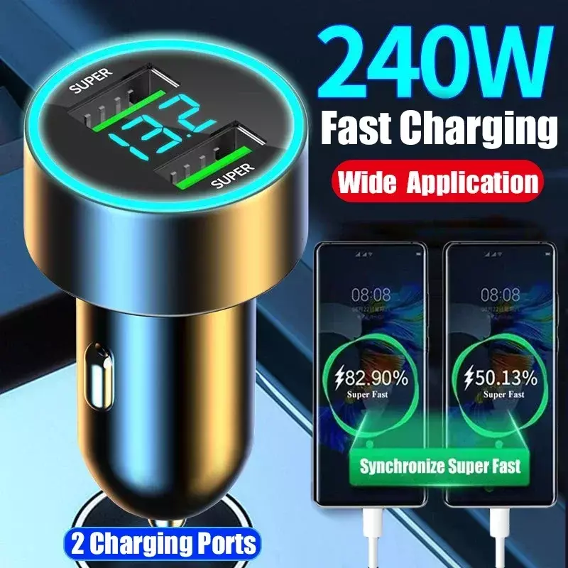 240W Car Charger Fast Charging 2 USB Ports Adapter for IPhone Samsung Xiaomi Quick Charging Chargers with Digital Display