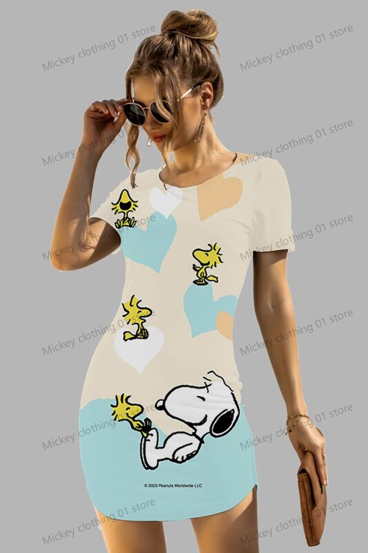 Kawaii Snoopy damskie z krótkim rękawem modne sukienki eleganckie szykowna sukienka S-3XL Anime O dekolt Sanrio Y2k letnie modne 2024 piękne