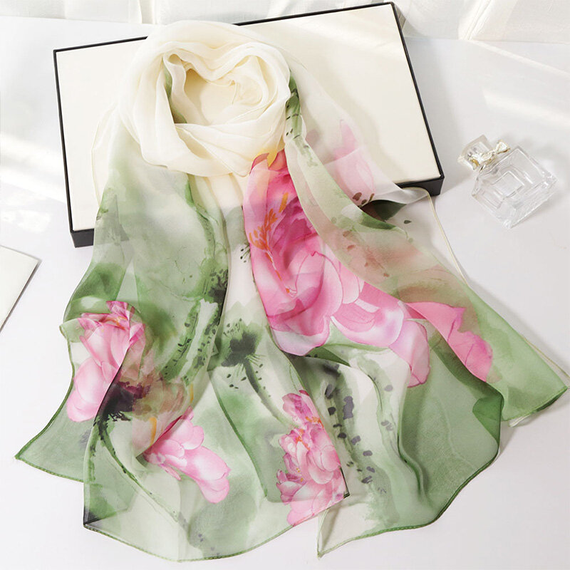 1ชิ้นผ้าคลุมไหล่บางพิมพ์ลายดอกไม้ syal Sutra ยาวผ้าพันคอ georgette สง่างามนุ่มฤดูร้อนผ้าคลุมชีฟอง