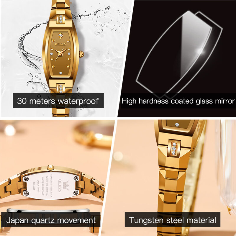 OLEVS-Relógio dourado em aço tungstênio feminino, movimento de quartzo japonês de luxo, relógio de pulso feminino ultrafino, elegante, resistência à água, 30m