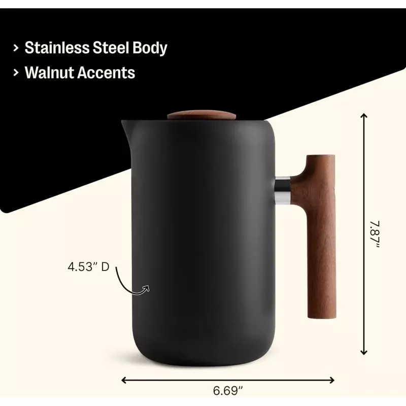 Fellow Clara French press coffee maker-portable stainless steel coffee press, insulated manual Brewer, matte black with walnut
