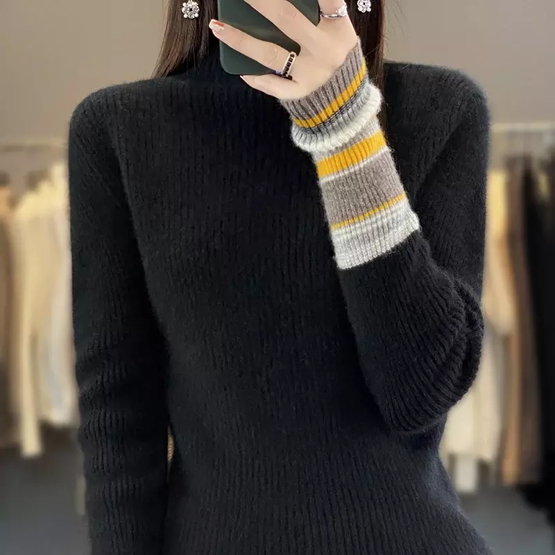 Женский вязаный свитер из 100% мериносовой шерсти, базовый пуловер с высоким воротником, модный топ в Корейском стиле на осень и зиму
