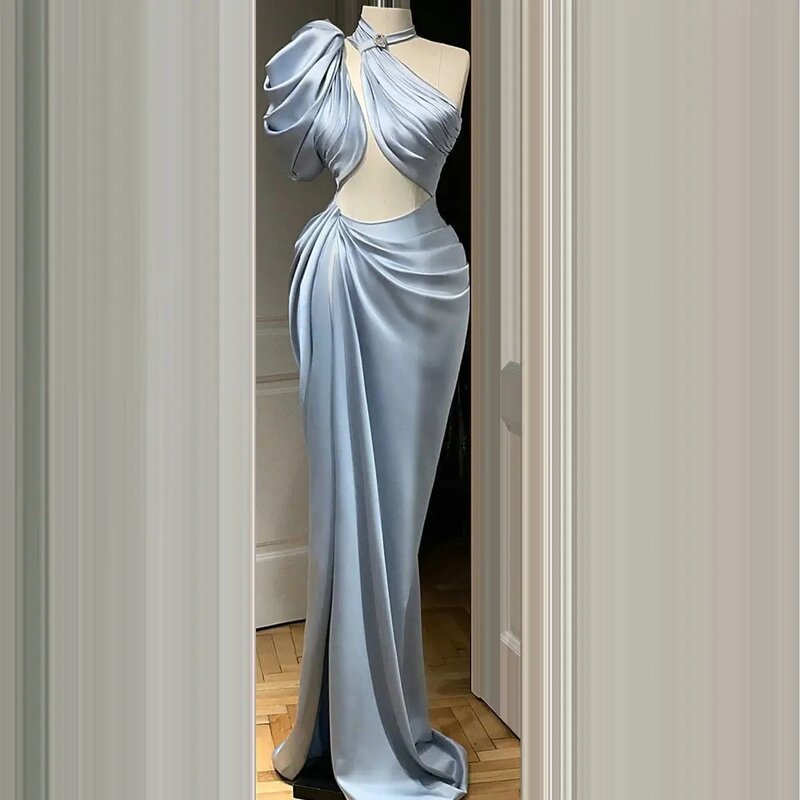 Vestidos cetim azul simples para festa formal, vestidos de noite elegantes, até o chão, mangas compridas, roupões de baile de gala, 2021