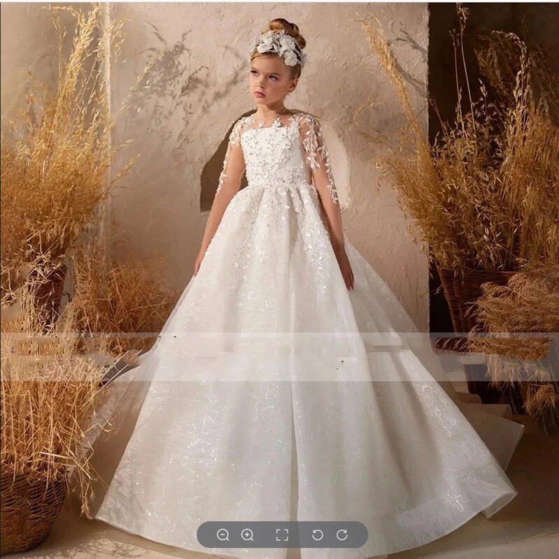 Flower Girls White Lace Girls Dresses Floor Length First Communion Dress Princess Elegant Banquet Dresses