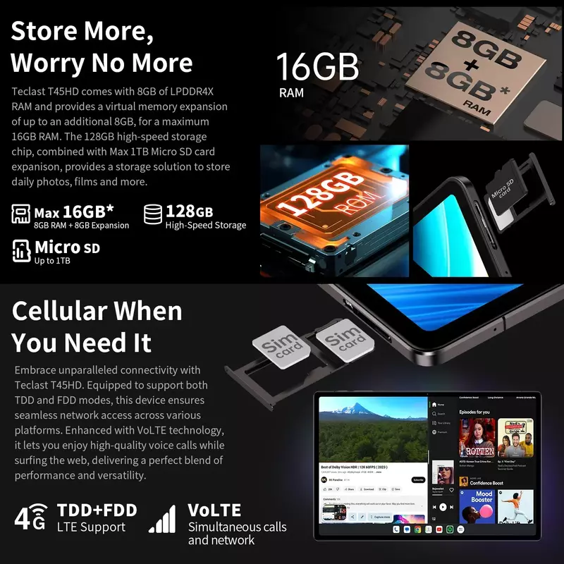 Teclast T45HD планшет, экран 10,51 дюймов, Android 13 дюймов, 8 ГБ + 8 Гб ОЗУ 128 Гб ПЗУ