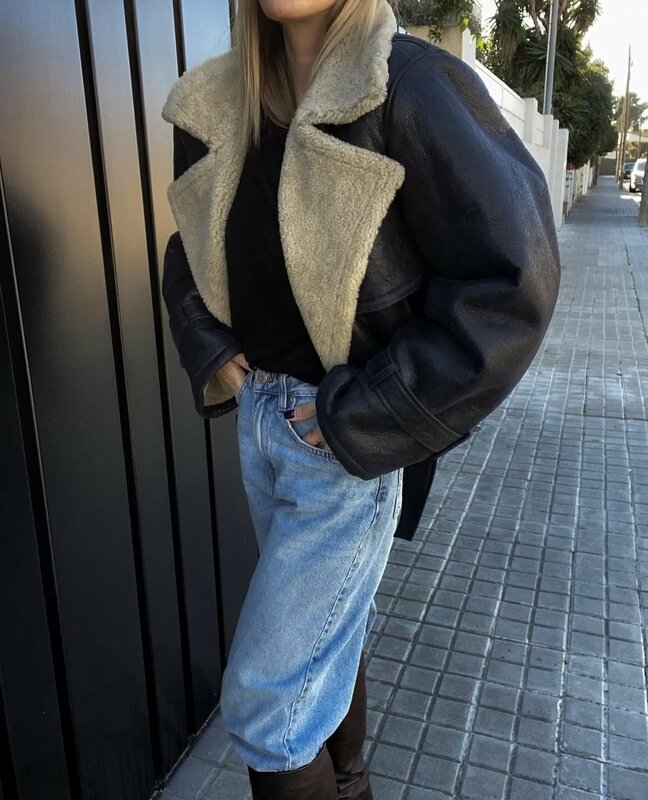 Schwarze Frauen Anzug Lamm wolle Damen Winter warmen Blazer weibliche lässige Streetwear Jacke Mantel