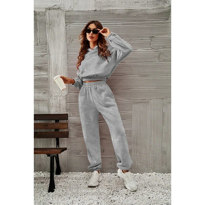 Real Shot  Autumn and Winter Wind Thread Fabric Hooded Sweater Smart Trousers Women's Suit Women